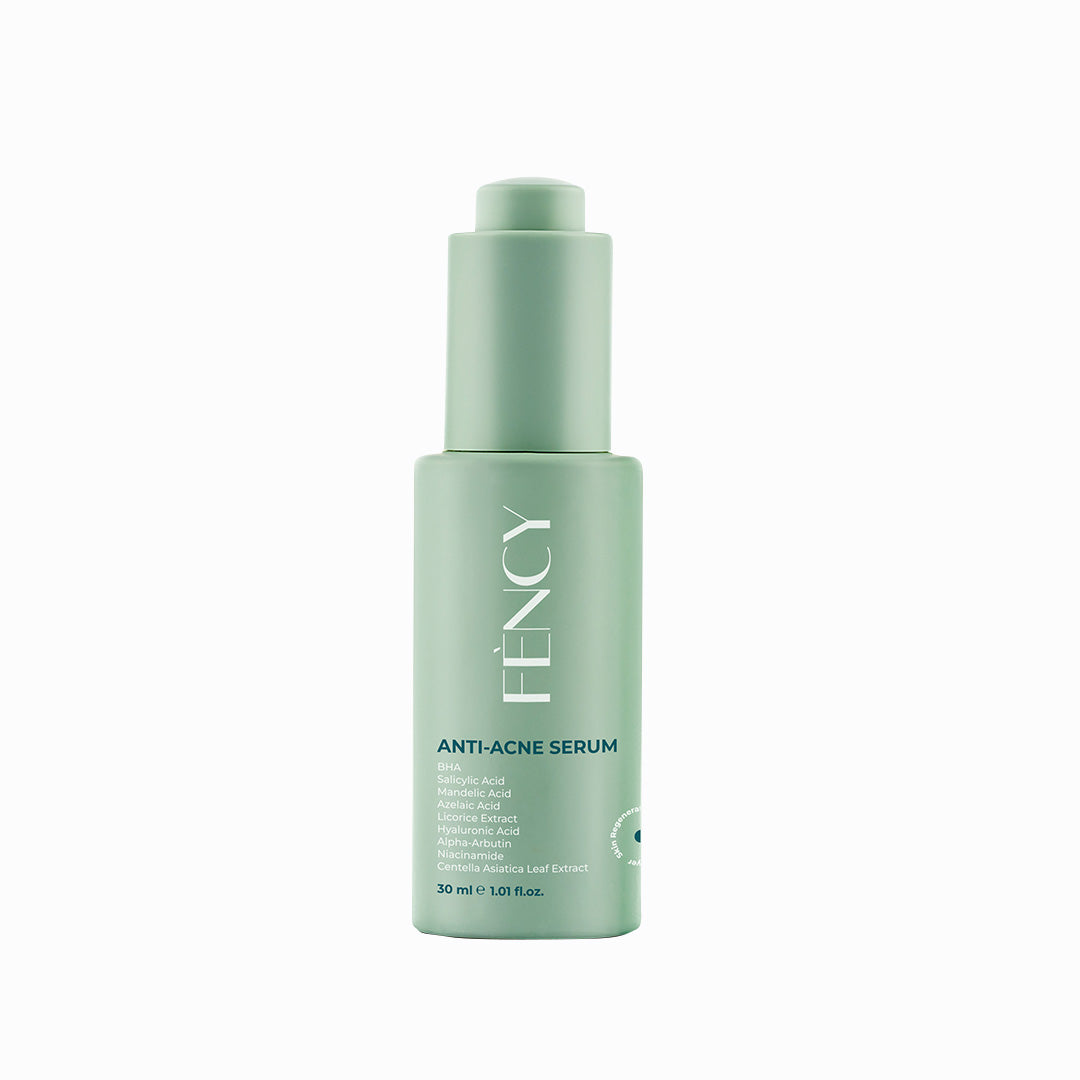 A bottle of ANTI ACNE SERUM by FENCY with a green tint. The label indicates it is for sensitive skin, vegan, non-comedogenic, and non-GMO.