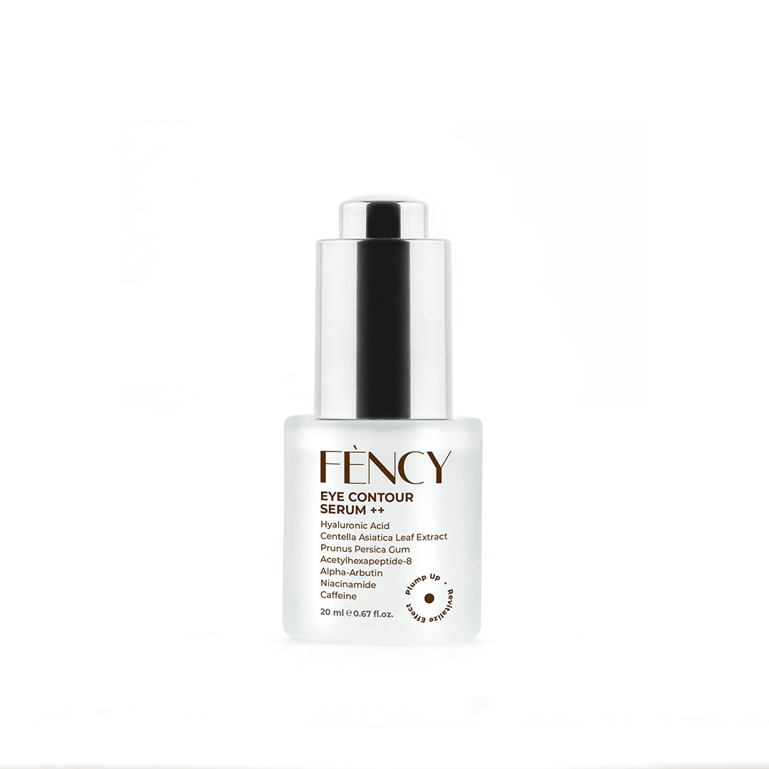 A bottle of EYE CONTOUR SERUM by FENCY, indicating suitability for sensitive skin, vegan, and non-comedogenic.