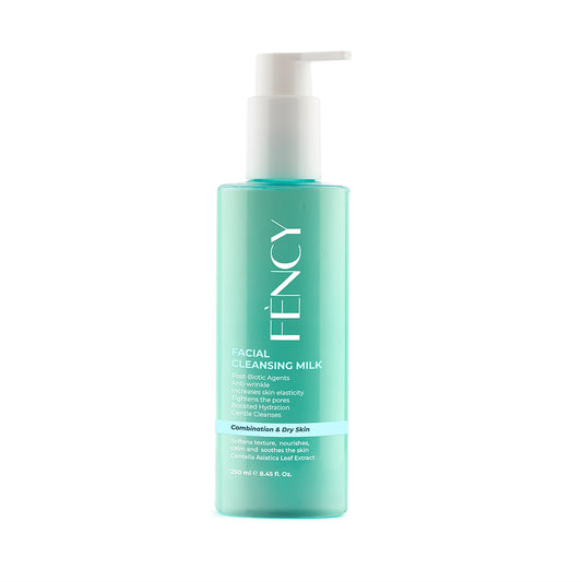 A pump bottle of facial cleansing milk with a turquoise label.