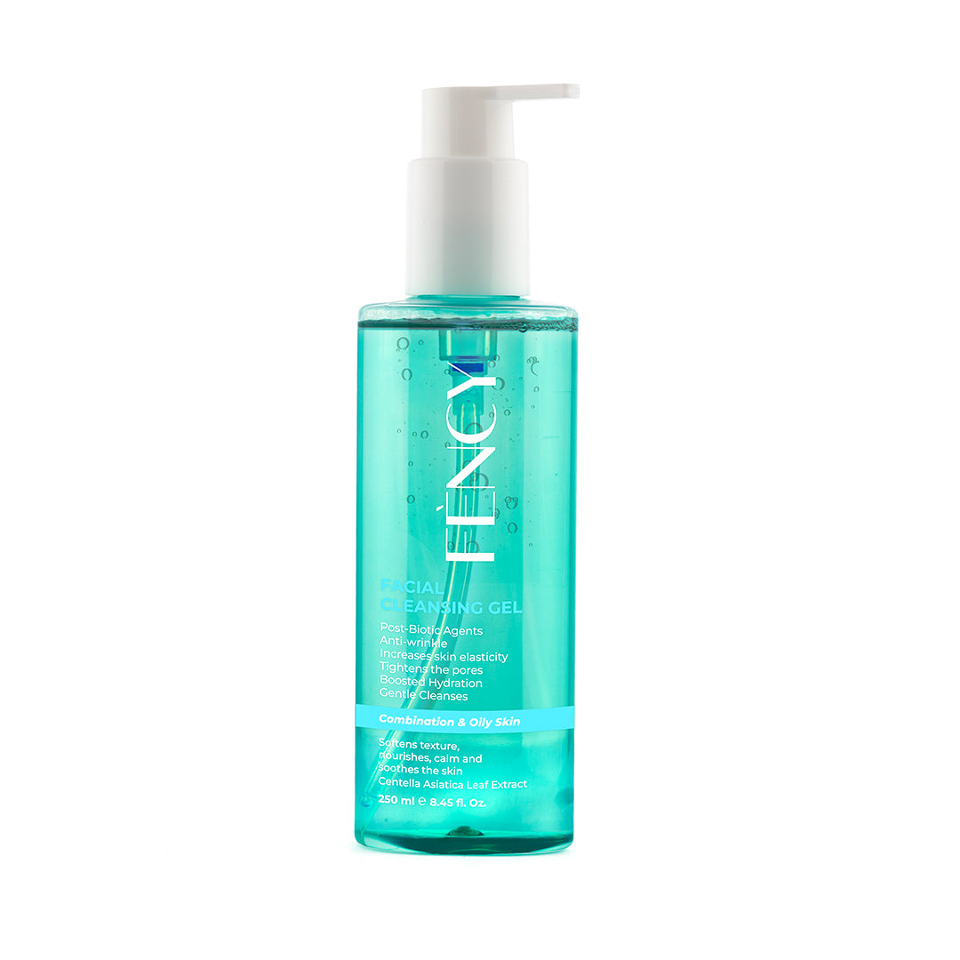 A pump bottle of facial cleansing gel with a turquoise color label.