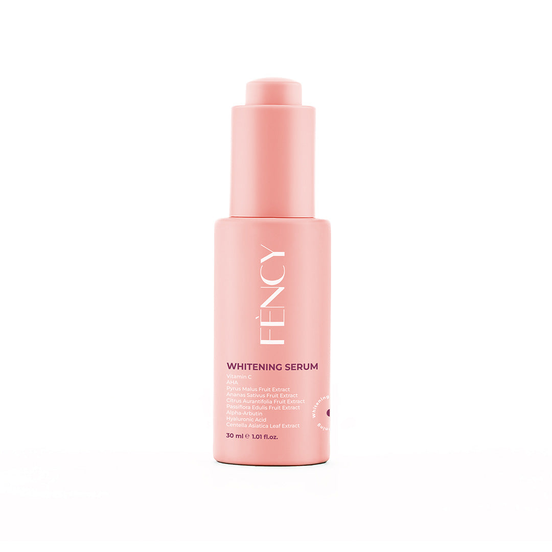 A pink bottle of CPNP whitening serum, marked as suitable for sensitive skin and non-comedogenic.