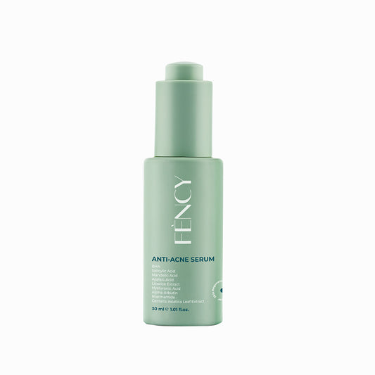 FÈNCY Anti-Acne Serum 30ml in a sage-green pump bottle on white background – targeted blemish treatment available in UAE