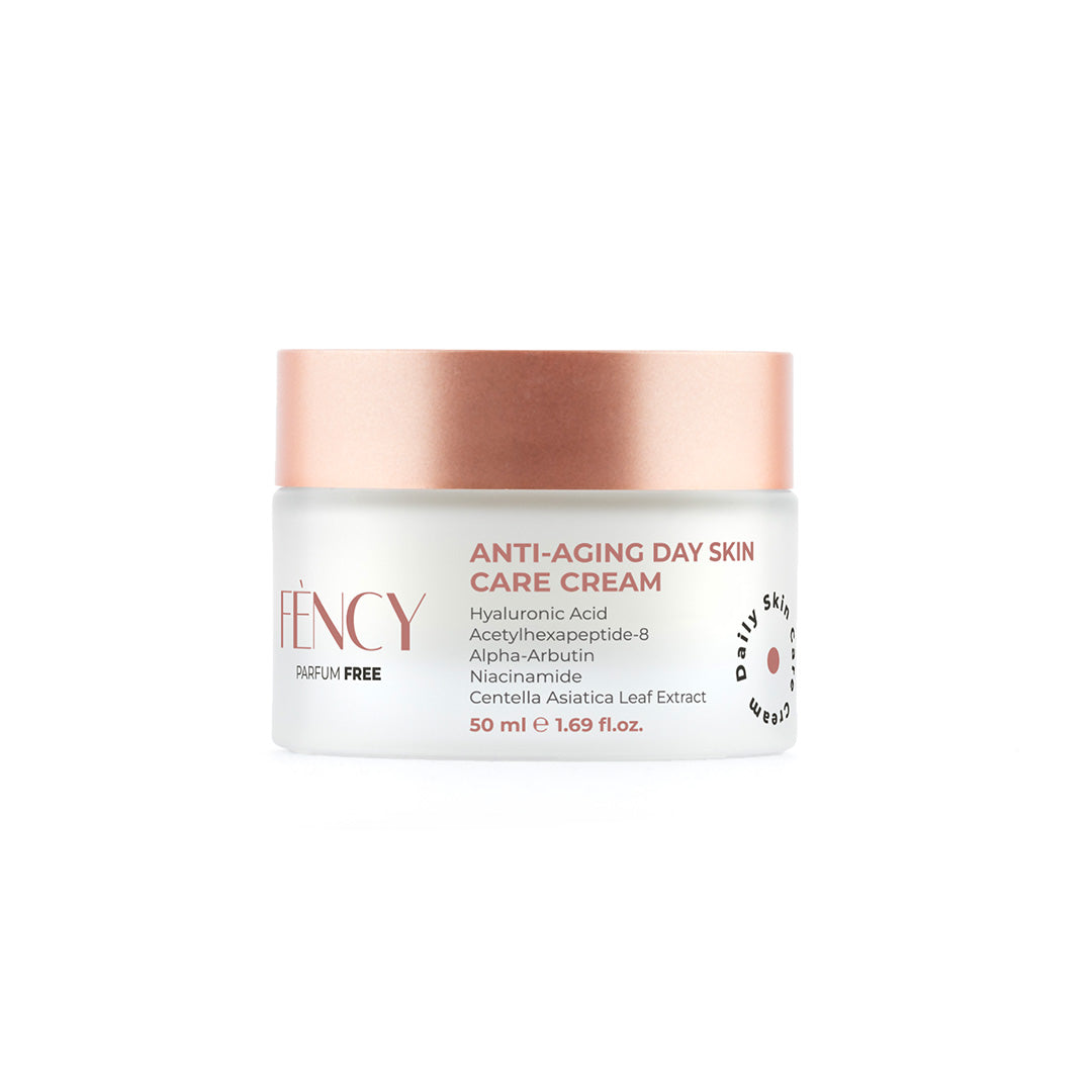 FÈNCY Anti-Aging Day Skin Care Cream 50ml in a frosted glass jar with rose-gold lid on white background – parfum free day cream for UAE