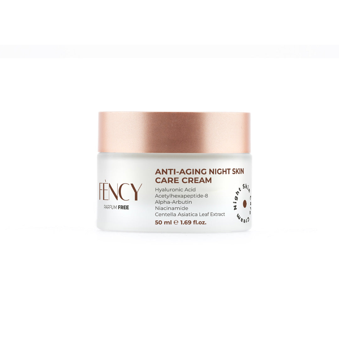 FÈNCY Anti-Aging Night Skin Care Cream 50ml in a frosted glass jar with rose-gold lid on white background – parfum free night cream for UAE