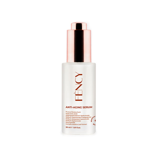 FÈNCY Anti-Aging Serum 30ml frosted dropper bottle with rose-gold cap on white background – premium anti-wrinkle serum for UAE