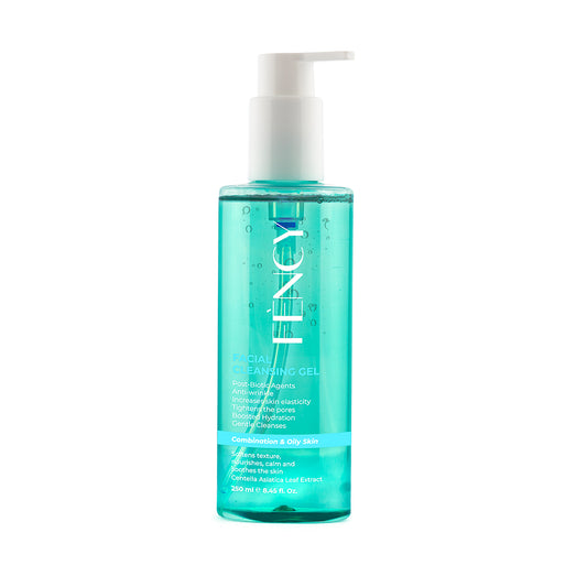 FÈNCY Facial Cleansing Gel 250ml teal pump bottle on white background – gel cleanser for Combination and Oily skin in UAE
