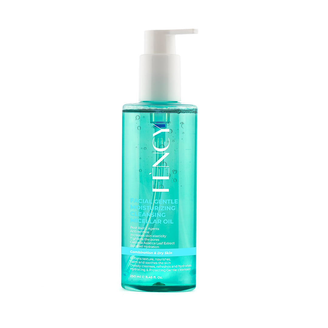 FÈNCY Facial Gentle Moisturizing Cleansing Micellar Oil 250ml teal pump bottle on white background – hydrating & protecting cleanser for Combination and Dry skin in UAE