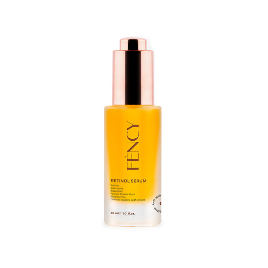 FÈNCY Retinol Serum 30ml amber glass dropper bottle with rose-gold cap on white background – anti-wrinkle night serum available in UAE