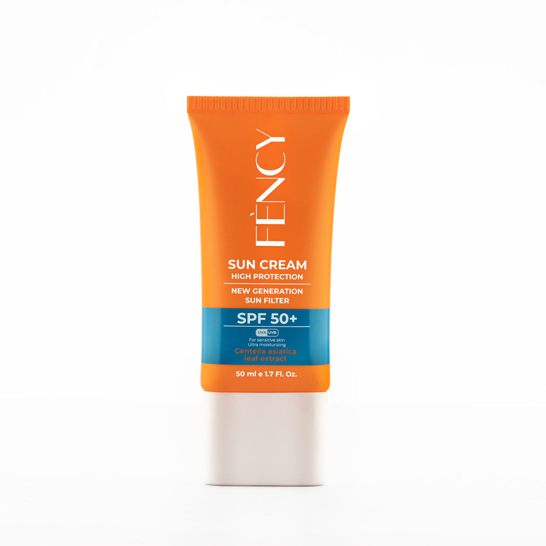 FÈNCY Sun Cream SPF 50+ High Protection 50ml in a bold orange tube with blue SPF band on white background – UAE