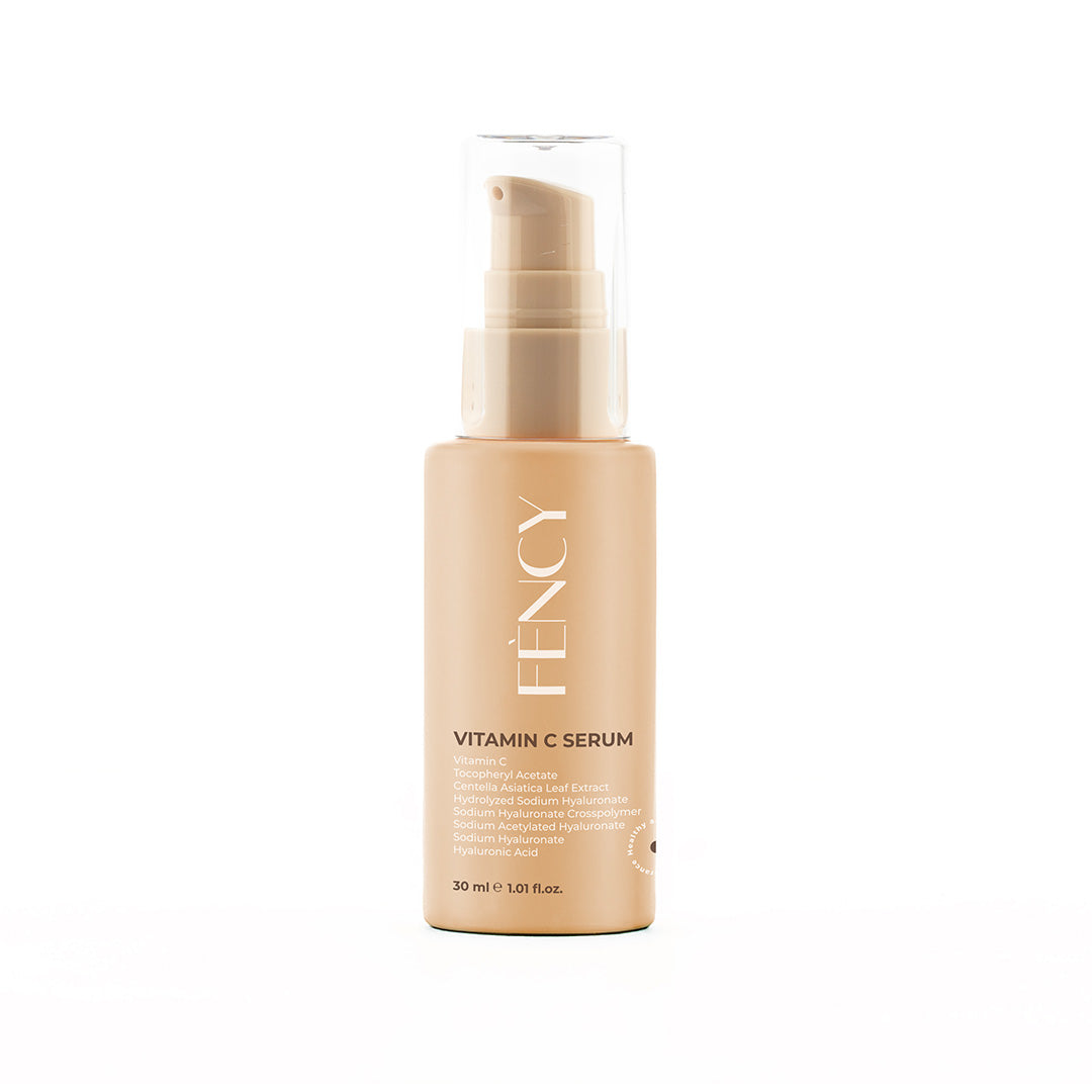 FÈNCY Vitamin C Serum 30ml in a beige pump bottle on white background – brightening serum for UAE skin